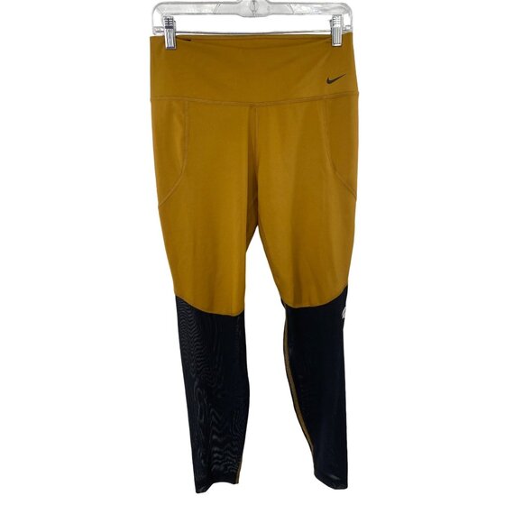 NIKE DRI-FIT SIZE LARGE MUSTARD YELLOW YOGA PANTS BLACK MESH - Picture 1 of 6
